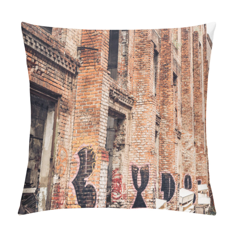 Personality  Old Messy Spooky Factory Building Facade. Abandoned Scary House. Pillow Covers