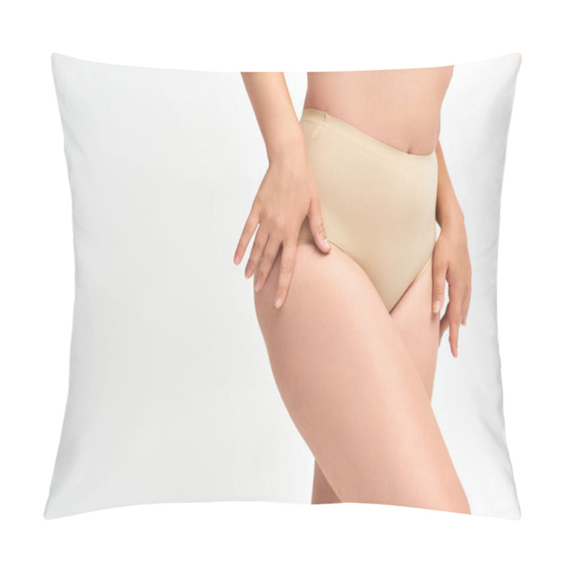 Personality  Cropped View Of Young Plus Size Woman In Beige Panties With Hands Near Curvy Hips On White, Beauty Pillow Covers