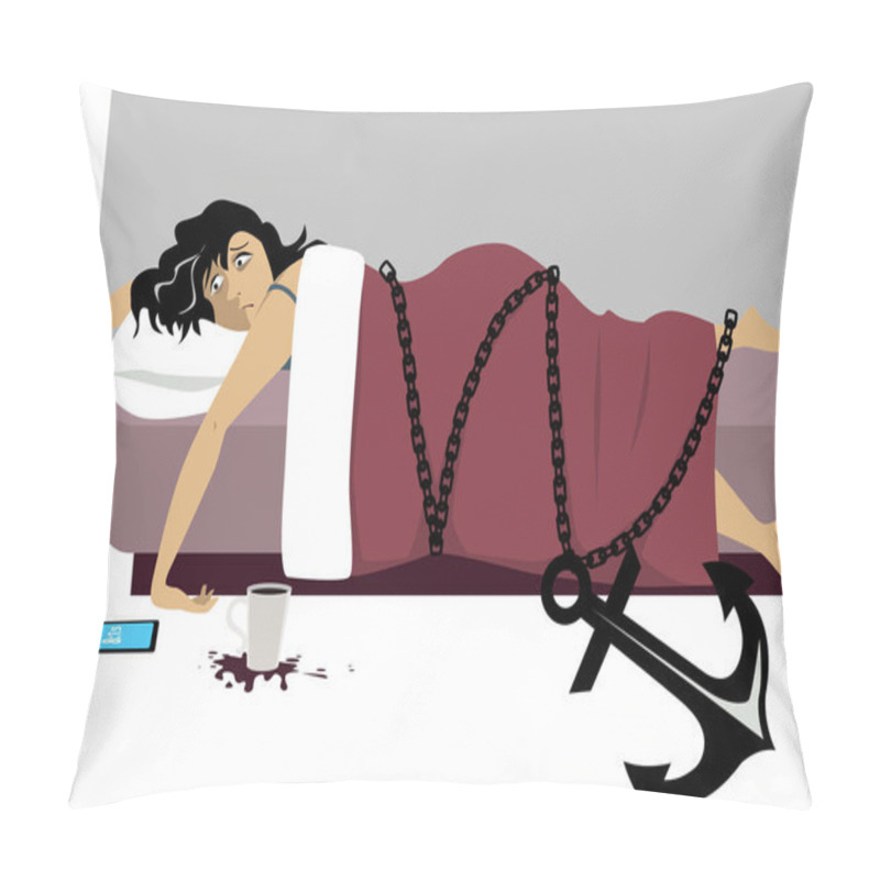 Personality  Middle Aged Woman Lying In Bed Chained To An Anchor Representing An Extreme Fatigue, EPS 8 Vector Illustration Pillow Covers