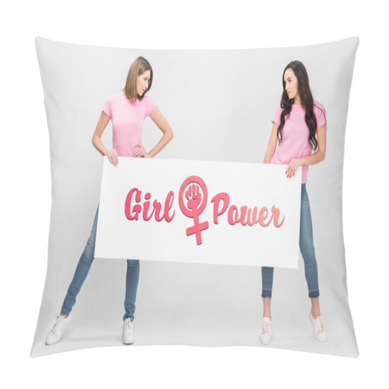 Personality  Attractive Women Looking At Each Other And And Holding Large Sign With Girl Power Lettering On Grey Background Pillow Covers