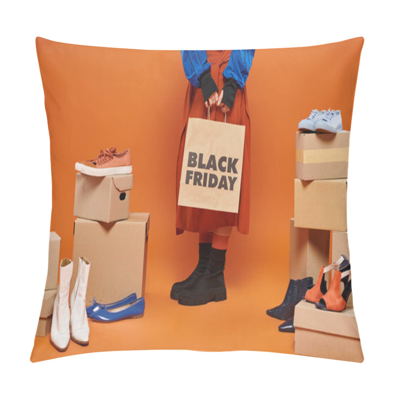 Personality  Cropped Woman In Autumnal Clothes Standing Near Boxes With Different Shoes On Orange, Black Friday Pillow Covers