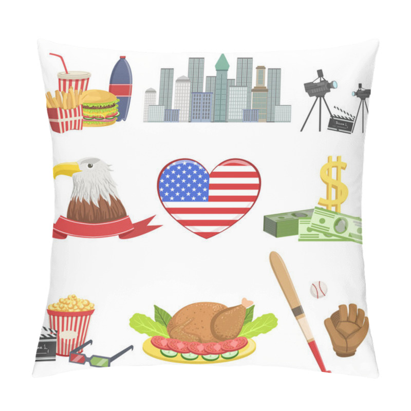 Personality  USA National Symbols Set, American Attractions Vector Illustrations Pillow Covers