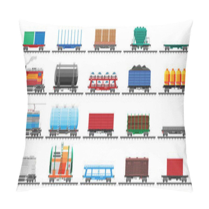 Personality  Set Of Train Cargo Wagons, Cisterns, Tanks And Cars. Railroad Freight Collection. Flatcar, Boxcar, Car Carriage. Industrial Carriages, Side View. Cargo Rail Transportation. Flat Vector Illustration Pillow Covers