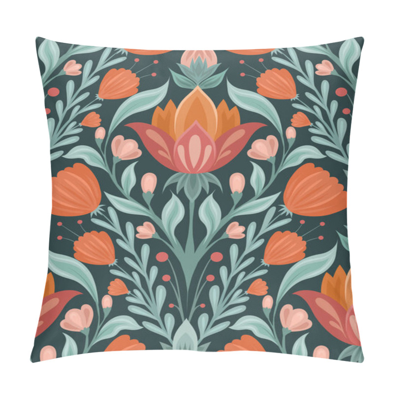 Personality  Vector Folk Art Pattern With Floral Rhombus Composition On Dark Green Background. Botanical Texture With Geometric Decorative Flowers In Tile. Backdrop With Symmetrical Bloom Plants Pillow Covers