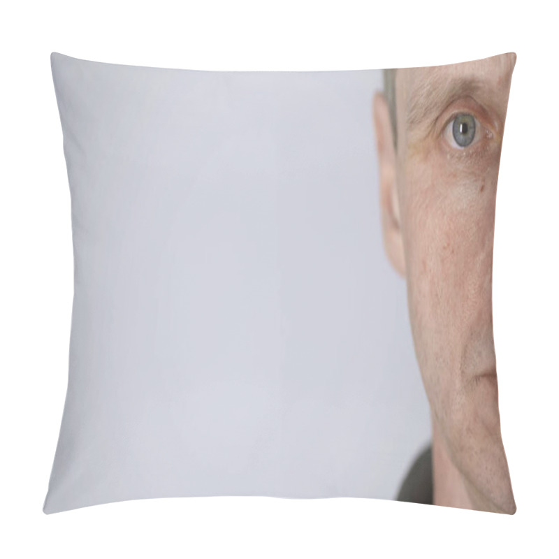 Personality  Cropped View Of Middle Aged Man Looking At Camera Isolated On Grey With Copy Space Pillow Covers