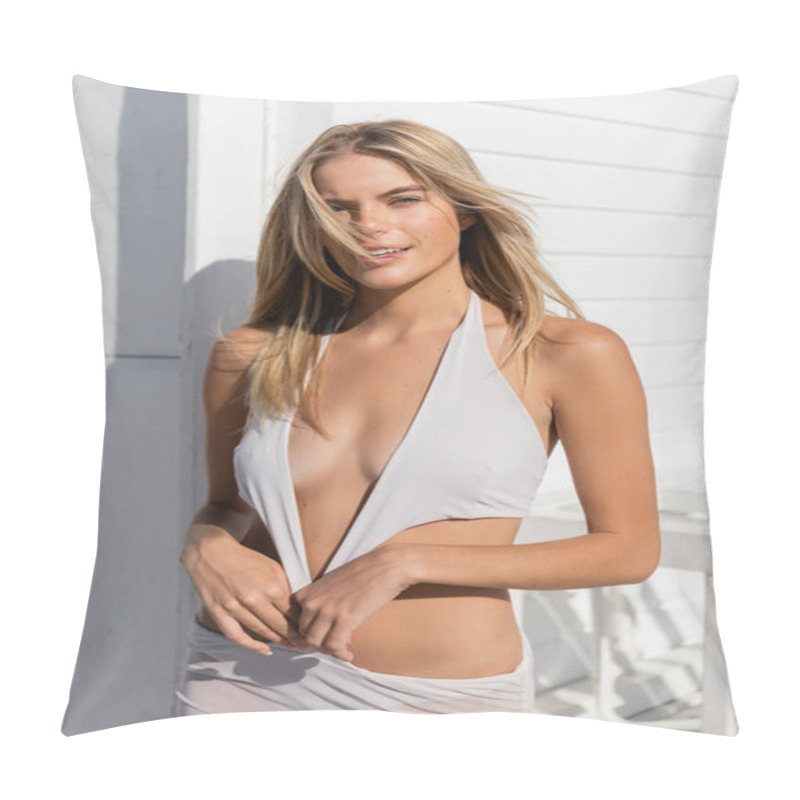 Personality  A Young, Beautiful Blonde Woman, Dressed In White, Striking A Pose At Miami Beach. Pillow Covers