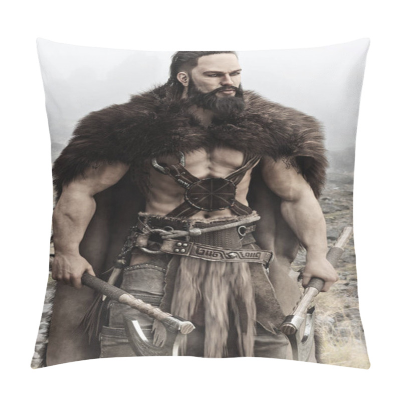 Personality  Viking Norse Raider From Scandinavia Holding Duel Bearded Axes Stands Ready For Battle To Defend His Homeland. 3d Rendering Pillow Covers