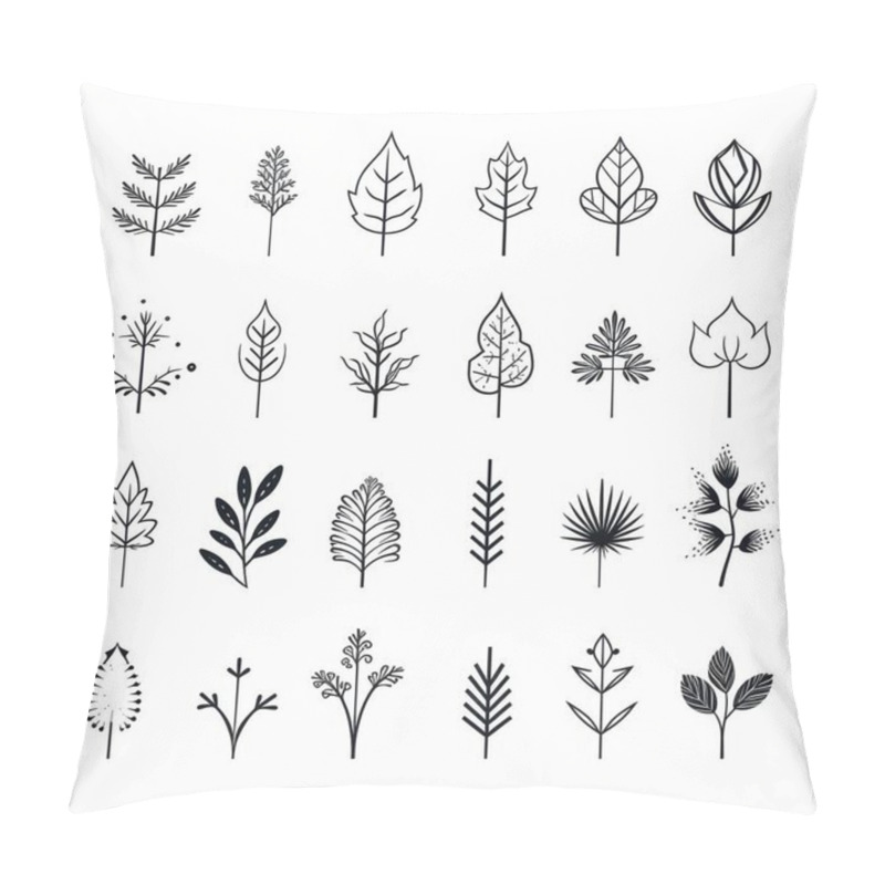 Personality  A Stylish Collection Of Various Hand-drawn Black And White Leaf And Plant Illustrations. Pillow Covers