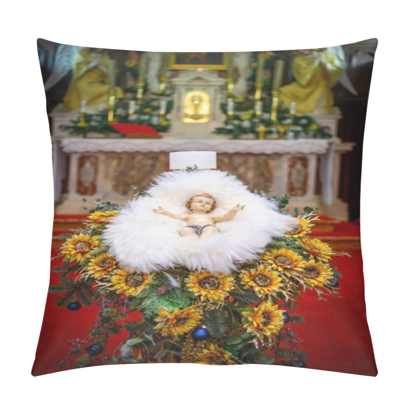 Personality  Baby Jesus Statue With Sunflower Arrangement In A Church Nativity Display. Traditional Christmas Decor And Religious Symbolism In A Sacred Setting Pillow Covers