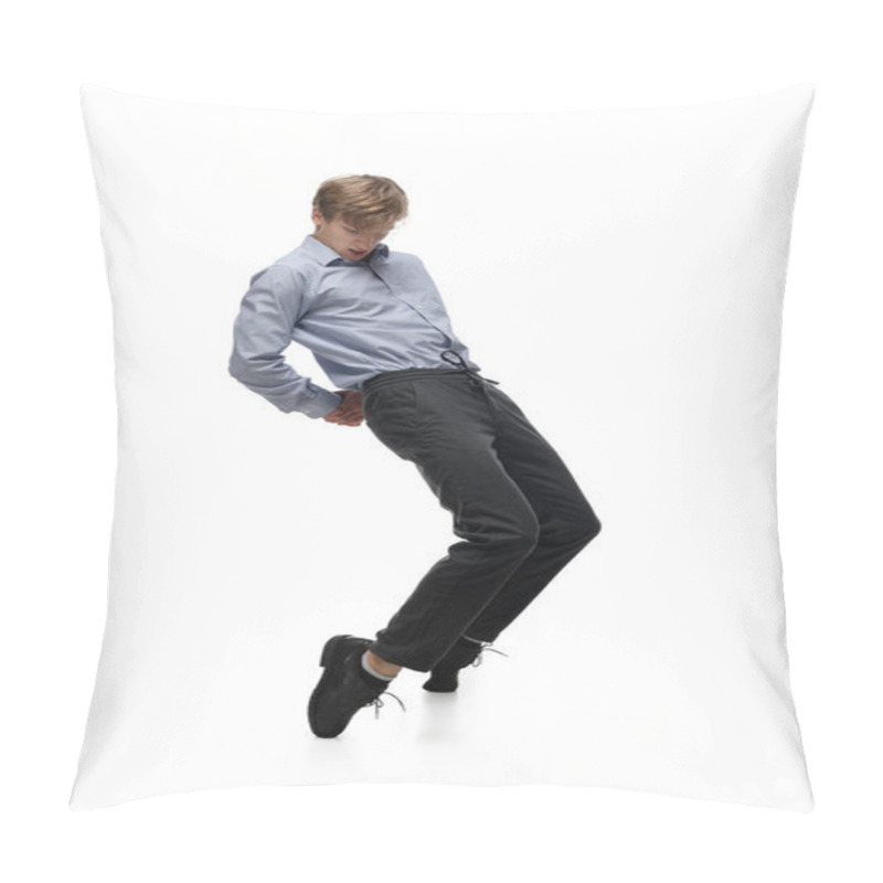 Personality  Happy Young Man Dancing In Casual Clothes Or Suit, Remaking Legendary Moves Of Celebrity From Culture History Pillow Covers