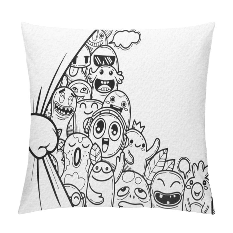 Personality  Hand Opening  Curtain, With Funny Monster Group Behind ,illustration Of Monsters And Cute Alien Friendly  Cool  Cute Hand-drawn Monsters Collection Pillow Covers