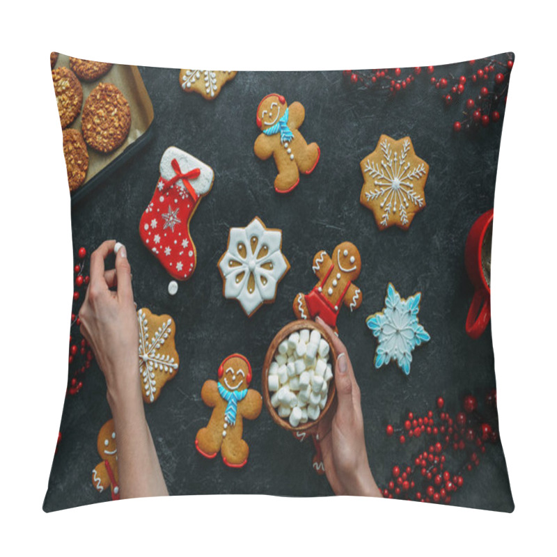 Personality  Christmas Gingerbreads And Marshmallows In Hands Pillow Covers