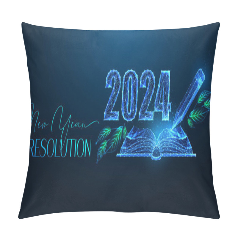 Personality  Abstract 2024 New Year Resolution Concept Banner With Open Notebook, Pencil And 2024 Digits In Futuristic Glowing Polygonal Style On Dark Blue Background. Modern Wireframe Design Vector Illustration. Pillow Covers