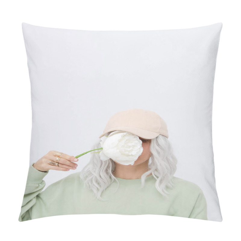 Personality  Girl Holding Flowers In Front Of Her Face In Stylish Casual Street Style Look. Spring Summer Collection. Minimalist Pillow Covers