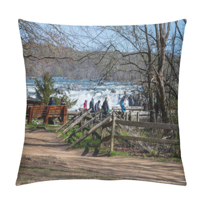 Personality  Great Falls National Park, VA, USA -- April, 3 2021. Photo Of Tourists Observing The Great Falls From A Viewing Station In McLean, VA. Pillow Covers