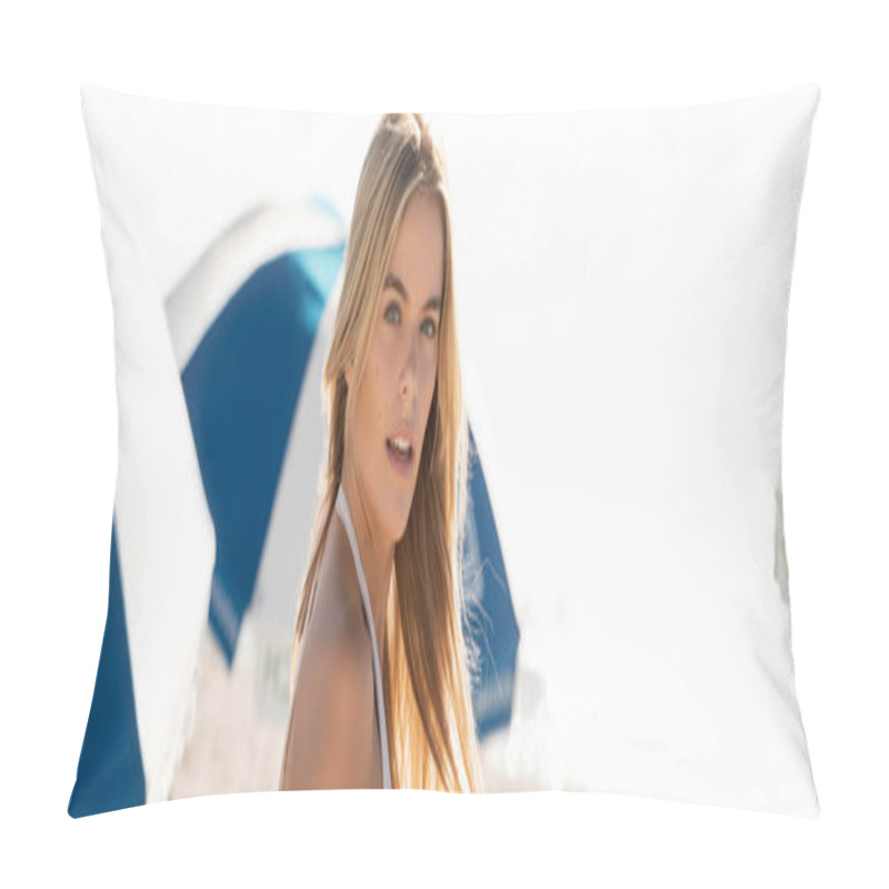 Personality  A Stunning Blonde Woman Strikes A Pose In A White Bikini On Miami Beach, Exuding Effortless Beauty And Grace. Pillow Covers