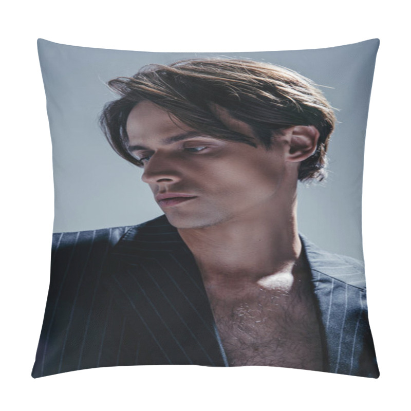 Personality  Portrait Of Brunette Man With Hairy Chest Posing In Stylish Blazer Isolated On Grey Pillow Covers