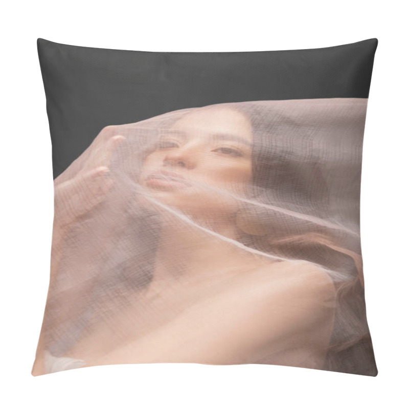 Personality  Portrait Of Young Brunette Asian Woman Touching Beige Fabric While Posing Isolated On Black Pillow Covers