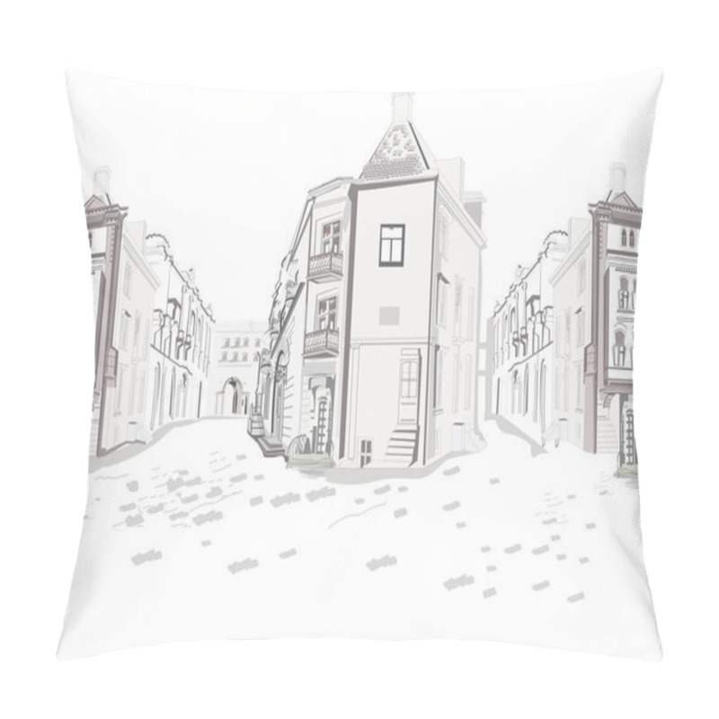 Personality  Series Of Street Views In The Old City. Hand Drawn Vector Architectural Background With Historic Buildings. Pillow Covers