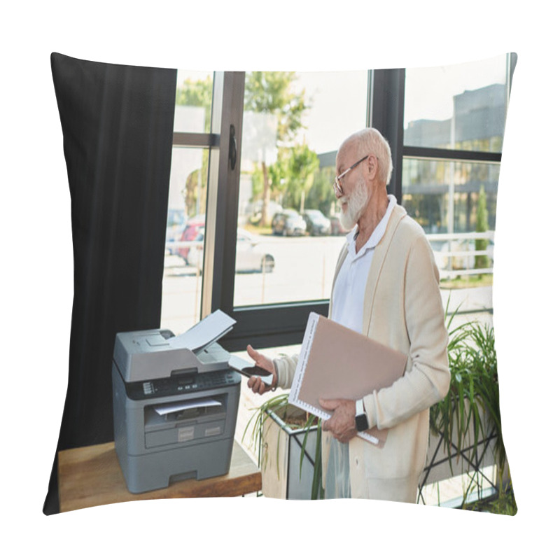 Personality  A Distinguished Senior Businessman Organizes Documents While Working In A Stylish Office Space. Pillow Covers