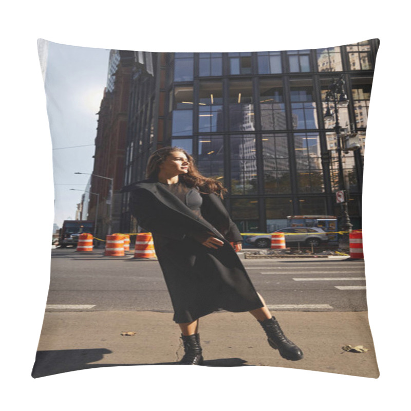 Personality  A Young Woman Dances On A New York City Street, Her Black Coat Billowing In The Wind. Pillow Covers