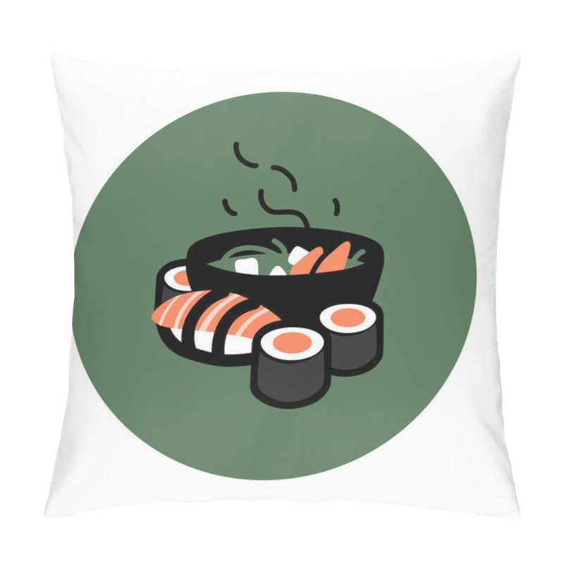 Personality  Illustration Of Miso Soup And Sushi Rolls On Green Pillow Covers