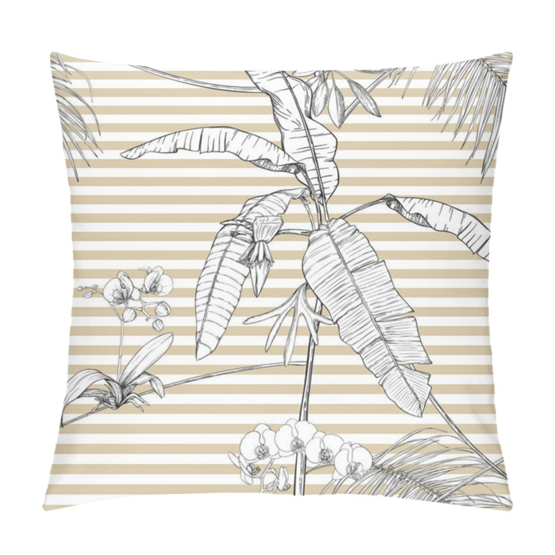 Personality  Tropical Plants And White Orchid Flowers. Seamless Pattern, Background.  Graphic Drawing, Engraving Style. Vector Illustration. On Beige And White Stripes Background. Pillow Covers