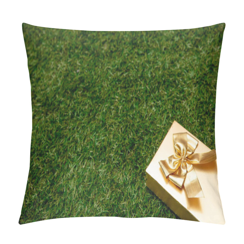 Personality  Golden Gift Box With A Bow On Green Grass In A Garden  Pillow Covers