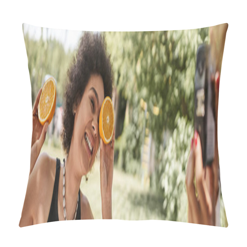 Personality  Carefree African American Woman Having Fun With Halves Of Fresh Orange In Summer Park, Banner Pillow Covers