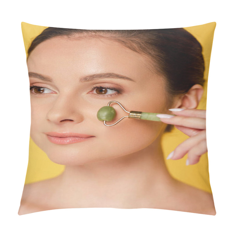 Personality  Portrait Of Beautiful Naked Woman Using Jade Roller On Face Isolated On Yellow Pillow Covers