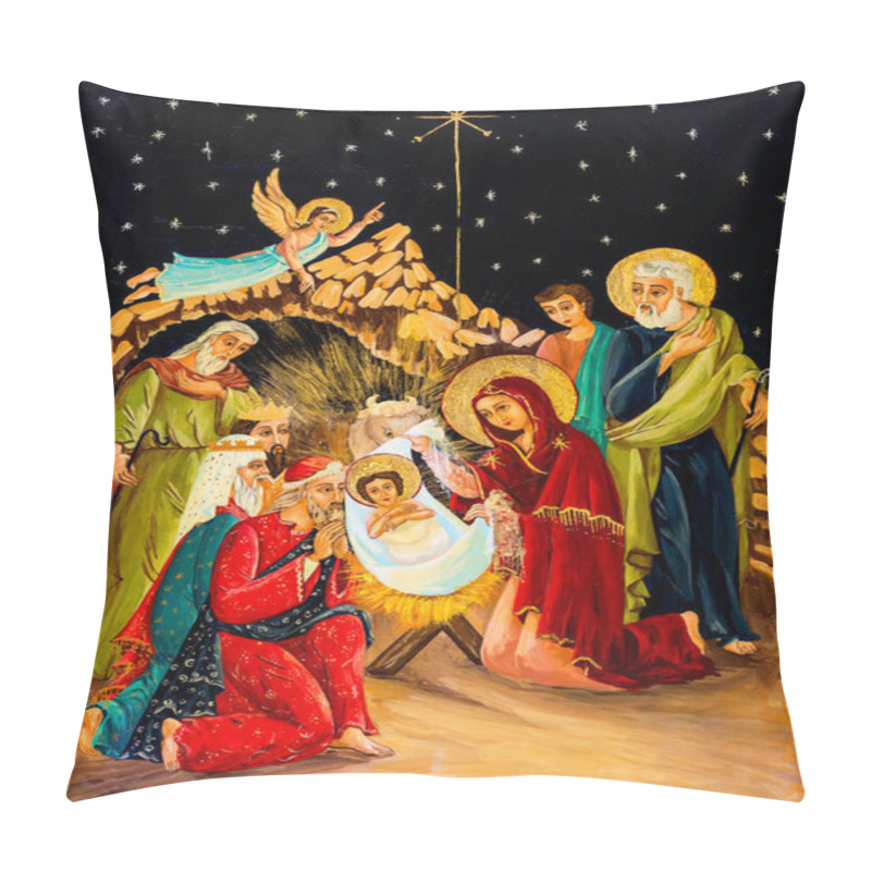 Personality  Naive Painting Depicting The Birth Of Jesus Christ On Wood Panel. Nativity Christmas Painting. Pillow Covers