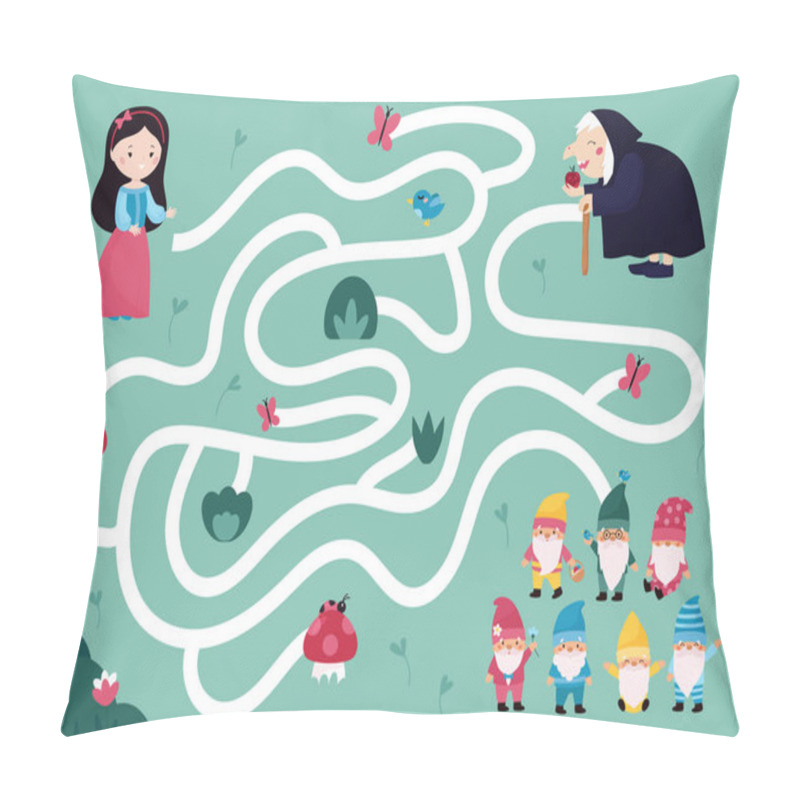 Personality  Maze Game With Snow White Princess, Witch And Seven Dwarfs. Classical Fairy Tale Kawaii Characters. Labyrinth Puzzle With Paths. Vector Illustration. Pillow Covers