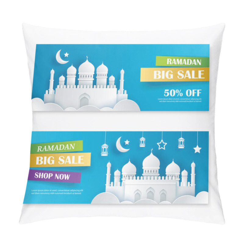 Personality  Ramadan Kareem Big Sale Banner Design With Crescent Moon Paper Art Background. Use For Greeting Card, Poster, Flyer, Brochure, Vector Illustration Template. Pillow Covers