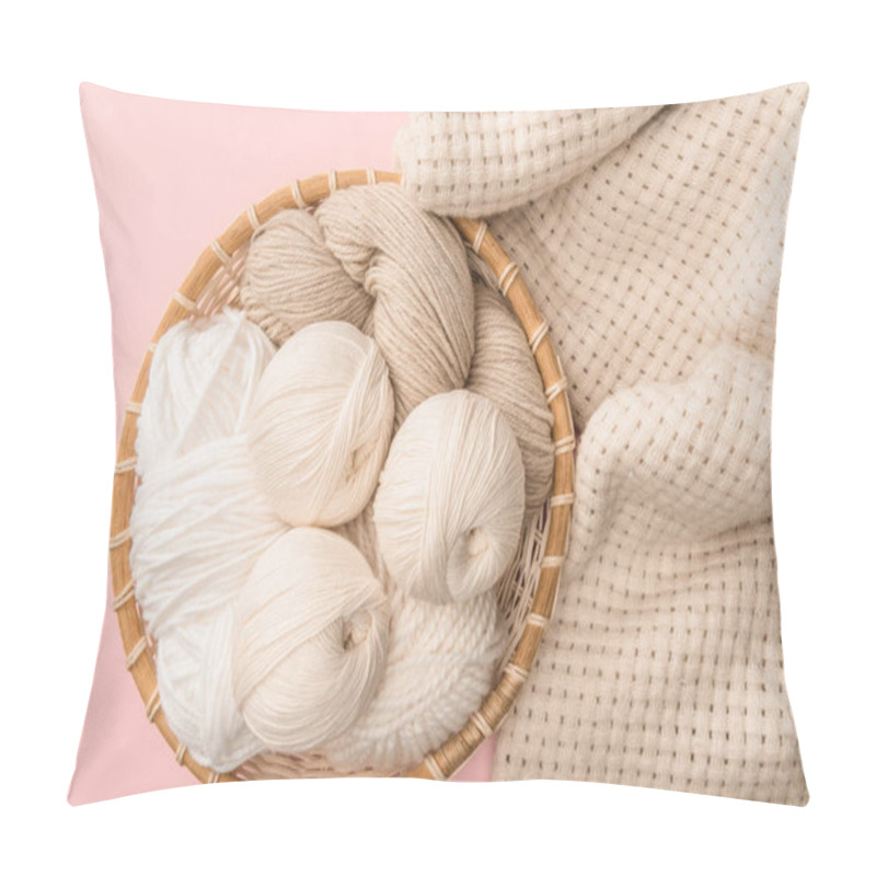 Personality  Top View Of Yarn In Wicker Basket On Pink Background With Knitted Blanket  Pillow Covers