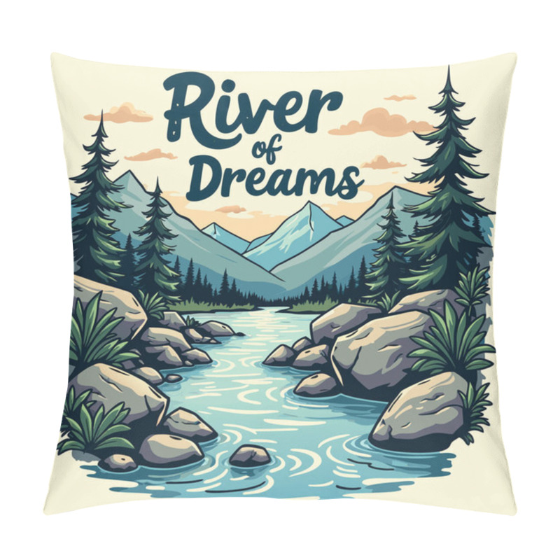 Personality  Mountain River Scene T-Shirt Design - Nature Landscape, Sunset, And Outdoor Adventure Pillow Covers