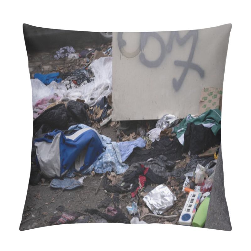 Personality  A Scene Of Discarded Clothes, Bags, And Litter Next To A Dumpster With Graffiti. Useful For Topics Like Urban Waste, Recycling, Pollution, And Environmental Awareness, City Life Pillow Covers