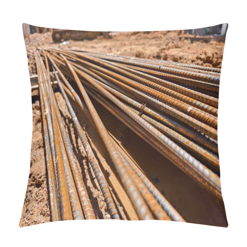 Personality  Sturdy Steel Rebars At A Construction Site. Pillow Covers