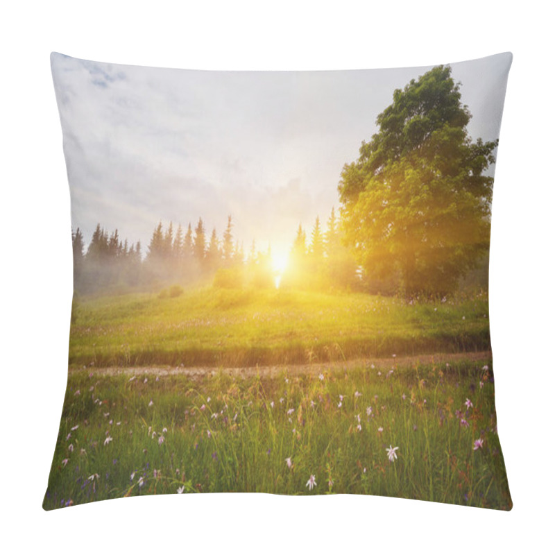 Personality  Panoramic View Of Beautiful Landscape In The Alps With Fresh Green Meadows And Blooming Flowers And Snow-capped Mountain Tops In The Background On A Sunny Day With Blue Sky And Clouds Pillow Covers