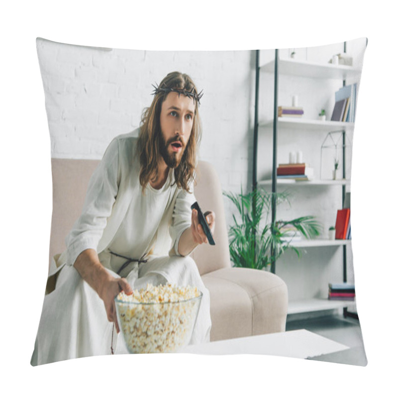 Personality  Shocked Jesus In Crown Of Thorns Watching Tv And Sitting With Bowl Of Popcorn On Sofa At Home Pillow Covers