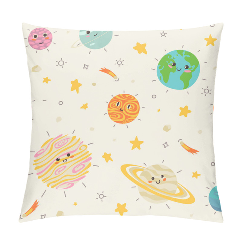 Personality  Cute Childish Planets And Stars Of Solar System Seamless Pattern. Funny Astronomical Objects With Orbits Vector Flat Illustration. Cartoon Universe With Adorable Cosmic Celestial Body Pillow Covers