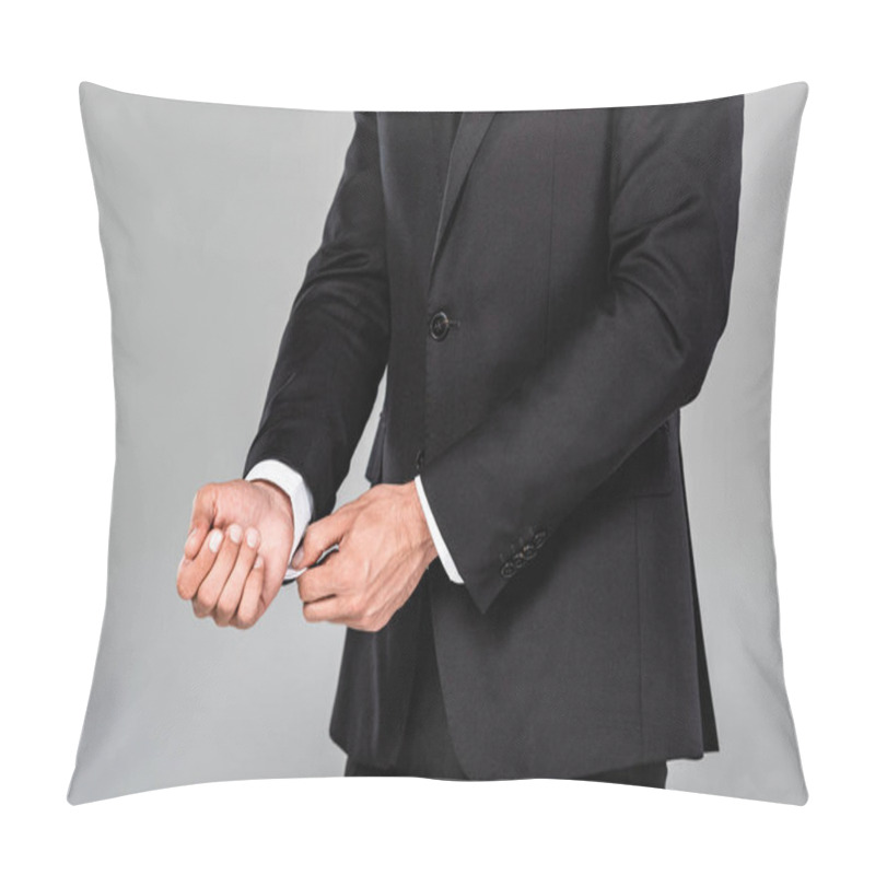 Personality  Cropped View Of Elegant Businessman In Black Suit Fastening Button On Shirt Isolated On Grey Pillow Covers