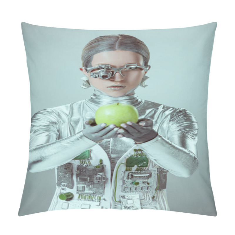 Personality  Cyborg Holding Green Apple And Looking At Camera Isolated On Grey, Future Technology Concept   Pillow Covers