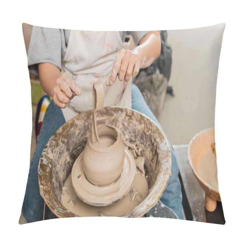 Personality  Cropped View Of Fmale Artisan In Apron Holding Clay While Making Vase On Spinning Pottery Wheel Near Blurred Bowl With Water In Ceramic Workshop, Artisanal Pottery Production And Process Pillow Covers