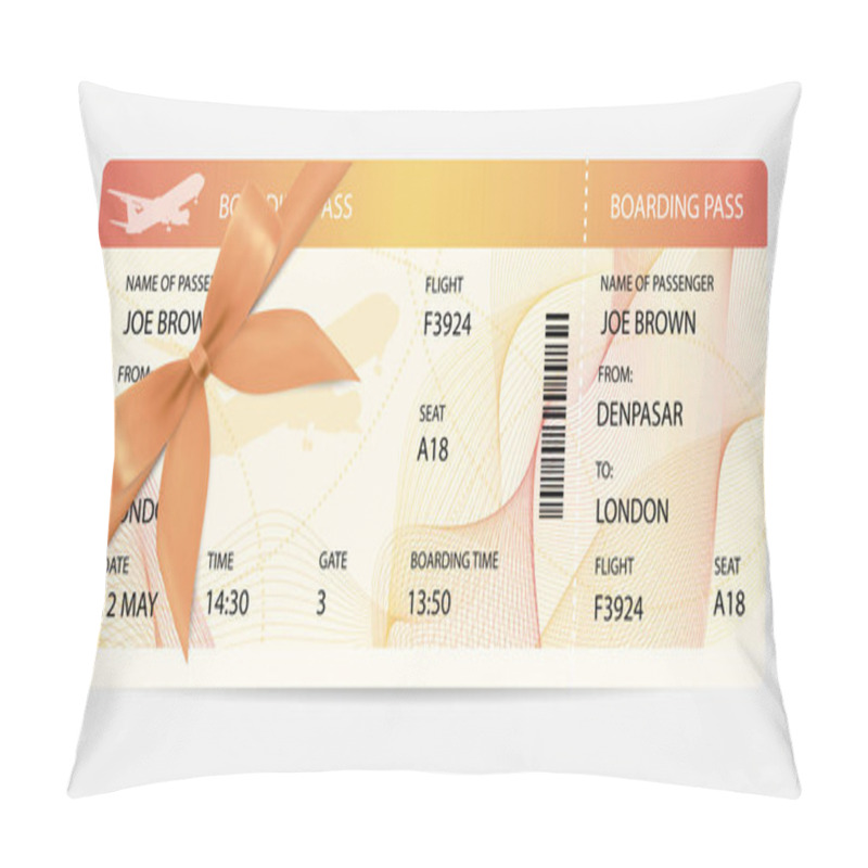 Personality  Boarding Pass (ticket, Traveler Check Template) With Gift Bow, Aircraft (airplane Or Plane) Silhouette On Background. Travel By Aerial Transport. Enjoy Your Vacation. Isolated Vector On White Pillow Covers