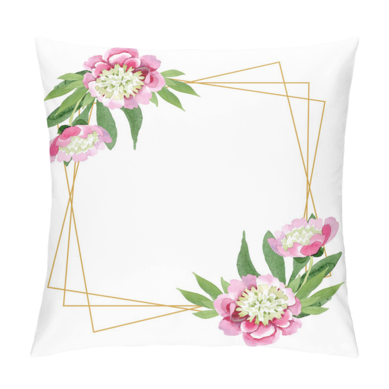 Personality  Beautiful Pink Peony Flowers With Green Leaves Isolated On White Background. Watercolour Drawing Aquarelle. Frame Border Ornament. Diamond Jewelry Mineral. Pillow Covers