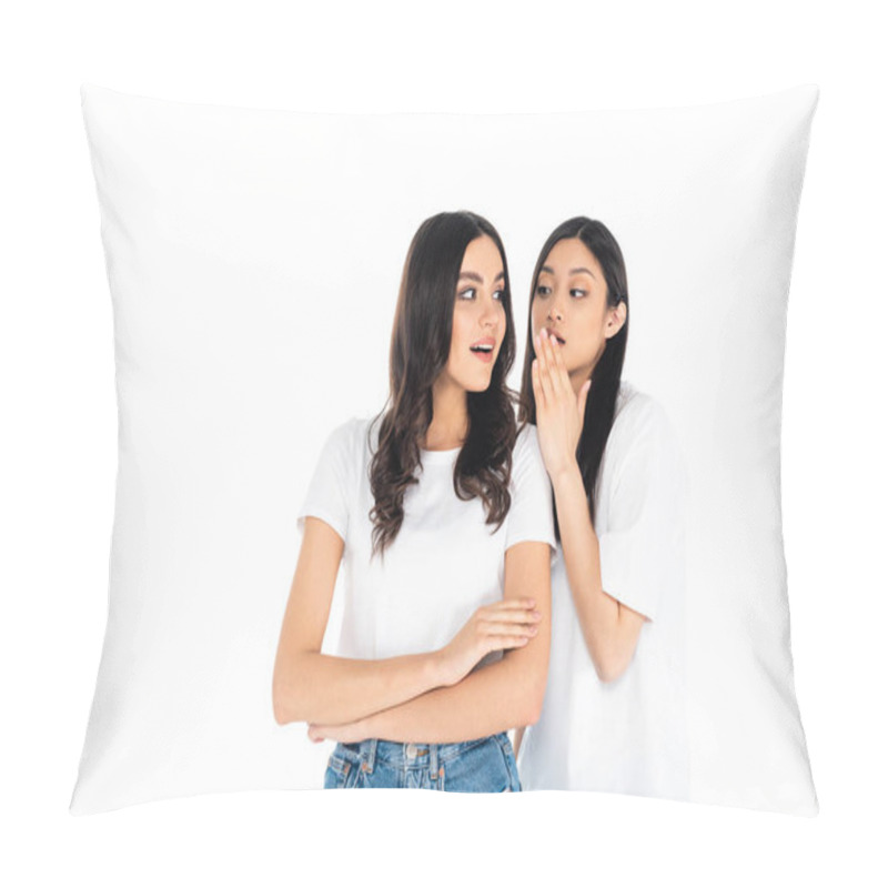 Personality  Asian Woman Telling Secret To Surprised Friend Standing With Crossed Arms Isolated On White Pillow Covers