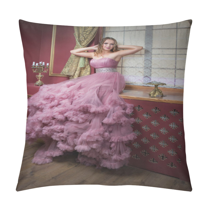 Personality  Portrait Of Young Beautiful Girl In Long Pink Dress Pillow Covers