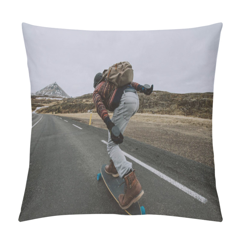 Personality  Skater Traveling Iceland On His Longboard Pillow Covers