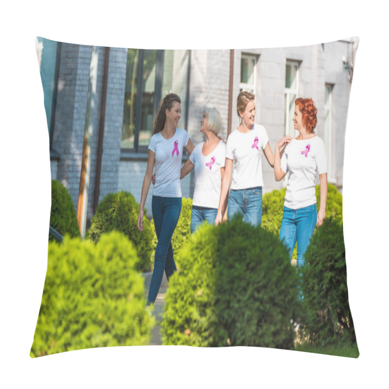 Personality  Happy Women With Breast Cancer Awareness Ribbons Walking Together And Smiling Each Other Pillow Covers