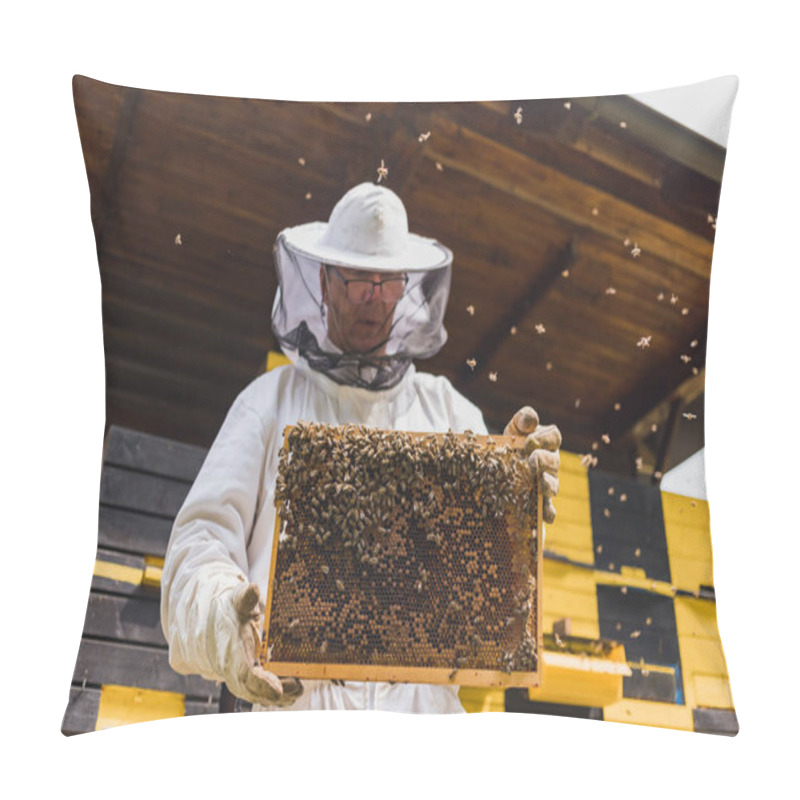 Personality  Hobby Honey Farmer Standing In An Apiary, In Front Of Beehives, Holding A Wooden Hive Frame Covered With Bees And Comb Pillow Covers